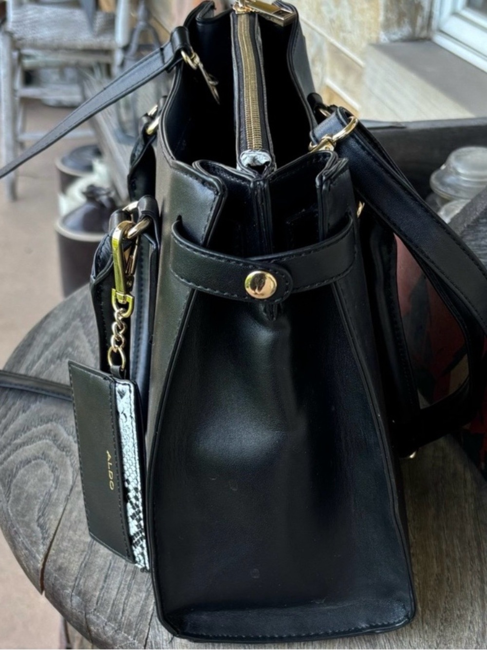 ALDO Vegan Black Tote Bag with Snake-Print Accent - Women Bags - Picture 4 of 9